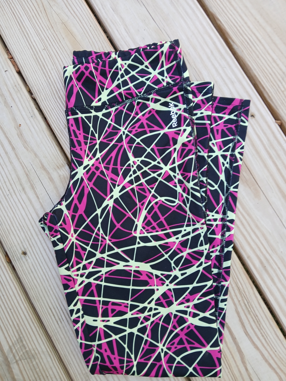 Reebok Black Leggings with Pink & Neon Yellow Abstract Print - Kids